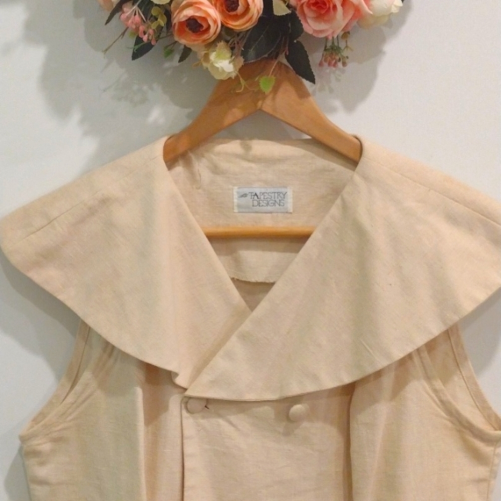 VINTAGE SLEEVELESS DBL BREASTED LINEN TOP (L) - Picture 2 of 11
